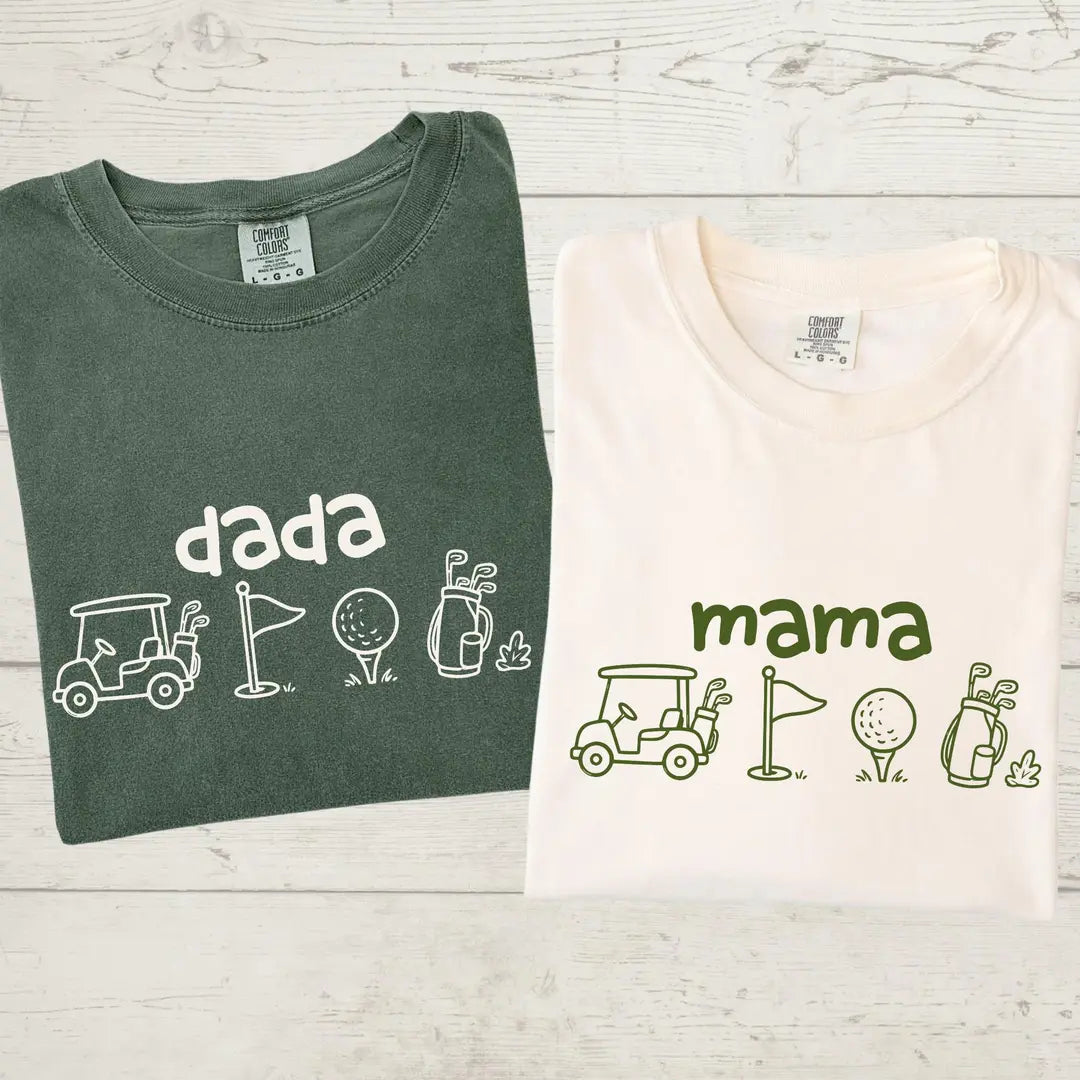 Comfort Colors T-shirt with Golf First Birthday Matching Family Shirts Mama Dada Personalized Name celebration design, featured shirt mockup.