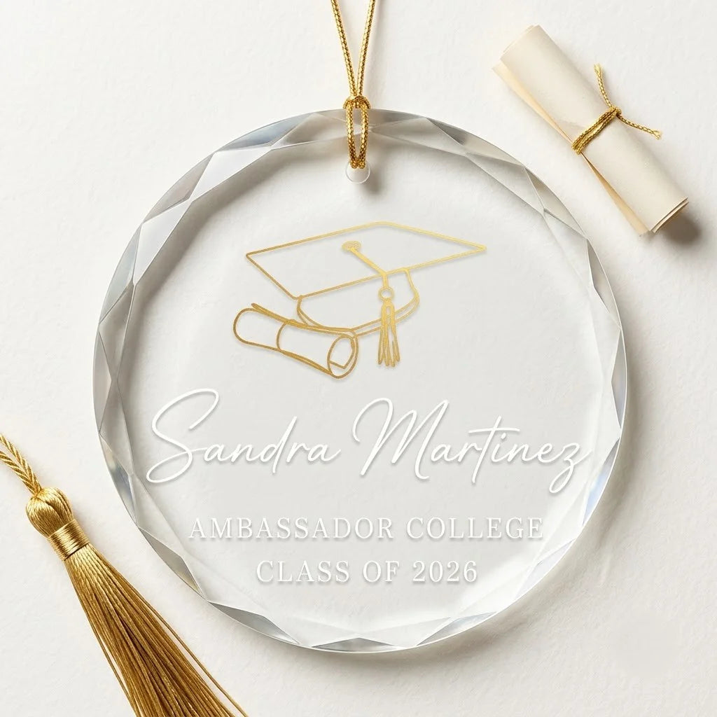 Clear glass round ornament laid flat on festive wooden surface with pine branches, pinecones and holiday decorations surrounding the graduation design