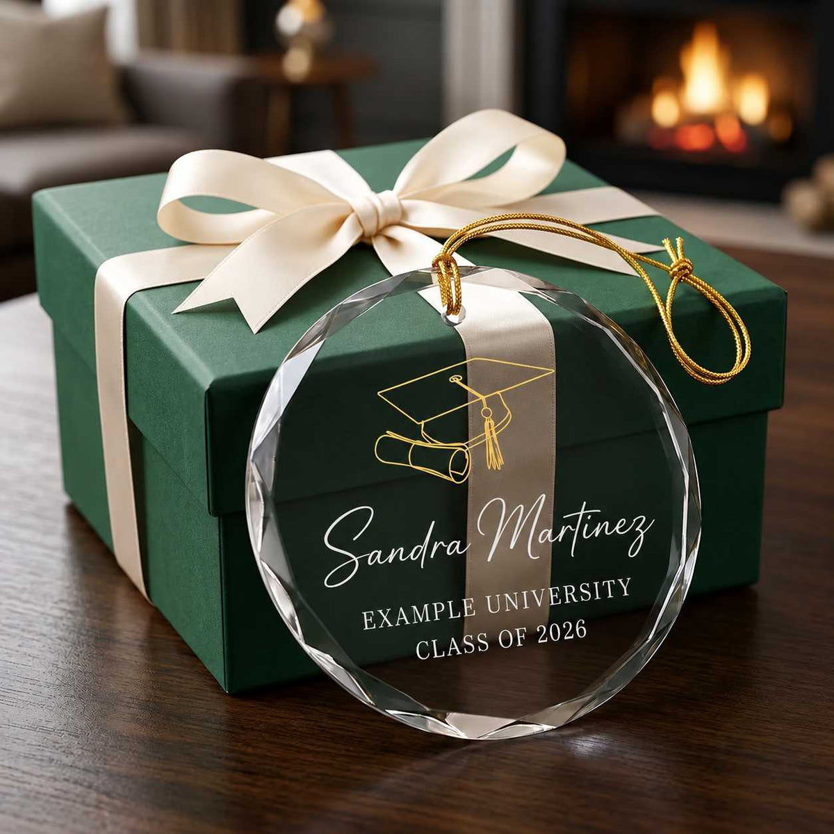 A personalized round clear glass graduation ornament with a gold hanging string, displayed in front of a dark green gift box tied with a cream ribbon. The glass is engraved with the name, university's name, and 'CLASS OF 2026'.