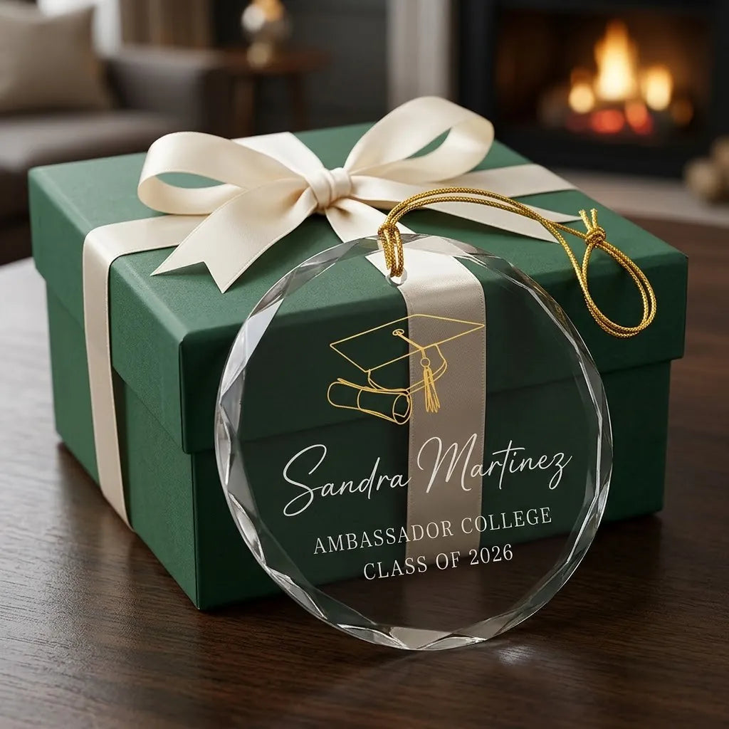 Personalized graduation glass ornament presented beside a wrapped holiday gift box on rustic wooden background