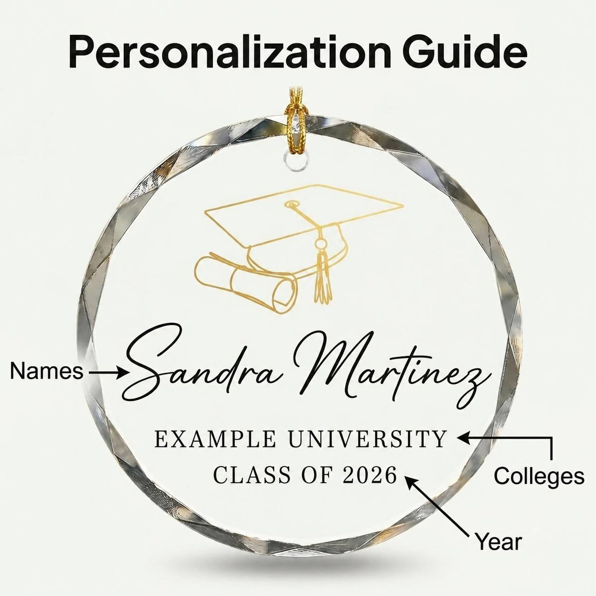Personalization guide graphic showing a faceted circular hanging ornament with a gold graduation cap illustration and sample text fields for names, university, colleges, and year, on a light gray background.