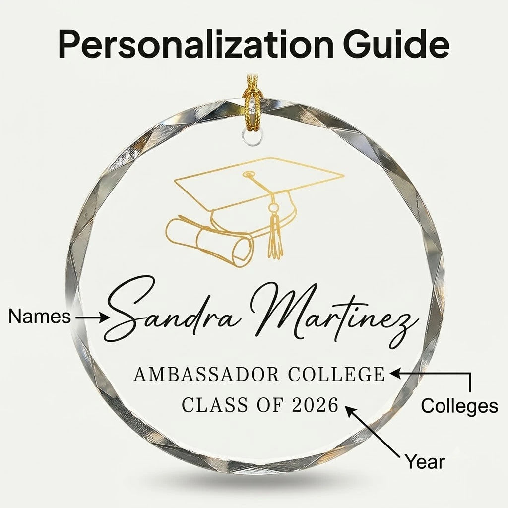 Personalization instruction card showing text input fields for custom names, dates and year on glass ornament