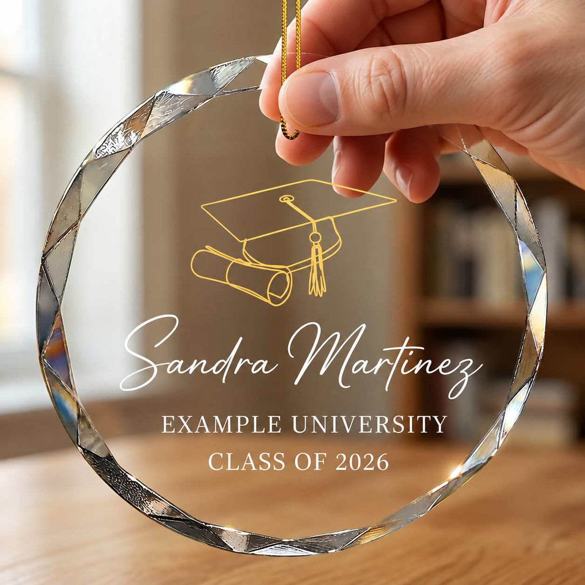 A hand holds a personalized round clear glass graduation ornament with a gold hanging string. The ornament features a faceted twisted edge, a gold line drawing of a graduation cap and scroll, and custom text on a warm blurred indoor background.