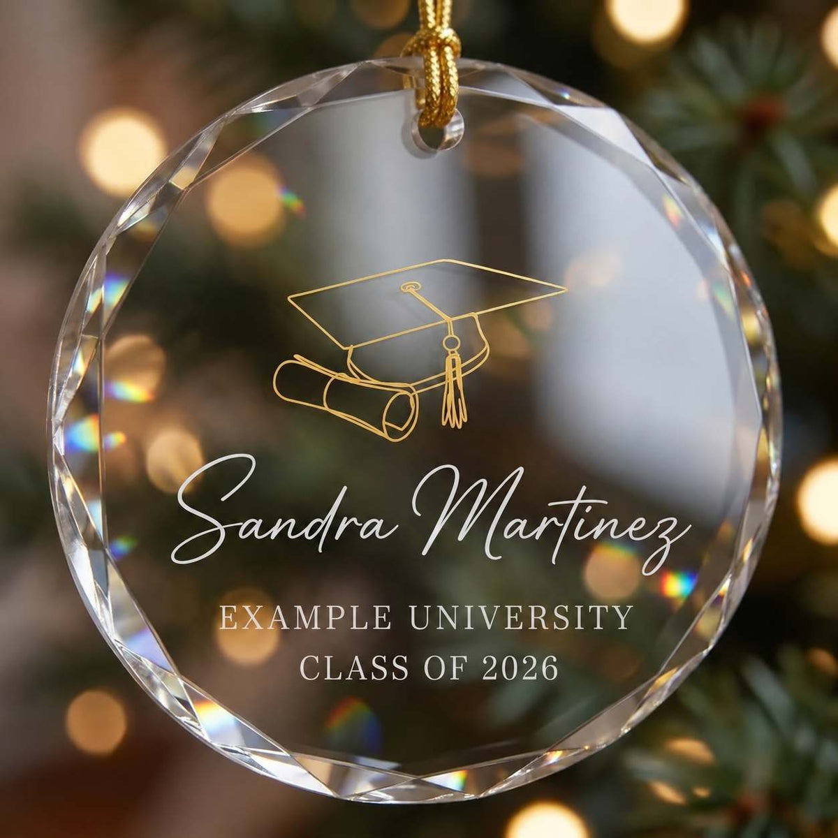 A personalized clear acrylic Christmas ornament shaped like a faceted crystal ball, hanging from a gold string. The ornament features a gold line drawing of a graduation cap and diploma, with the name engraved in white and gold text.