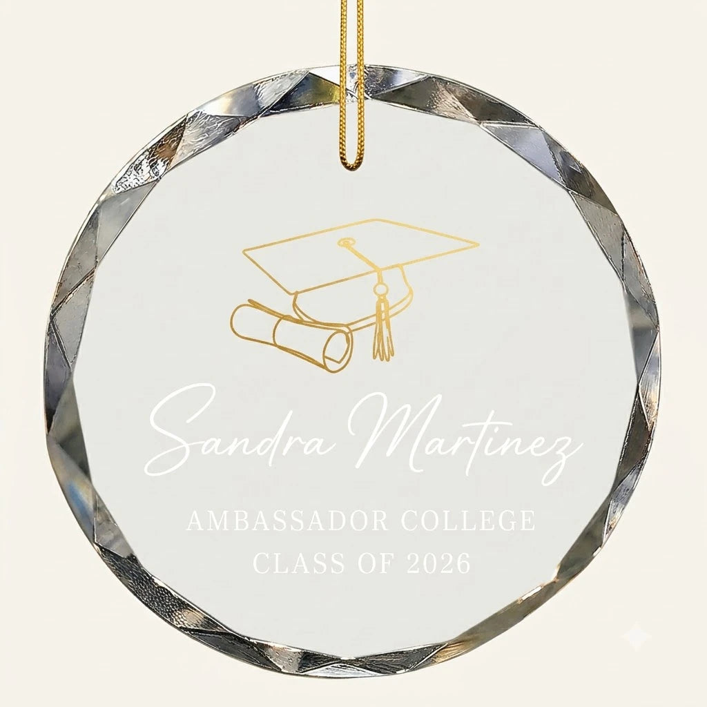 Beveled edge clear glass round ornament featuring printed graduation cap and diploma scroll graphics, custom text Class of 2026 and personalized details hanging on gold ribbon