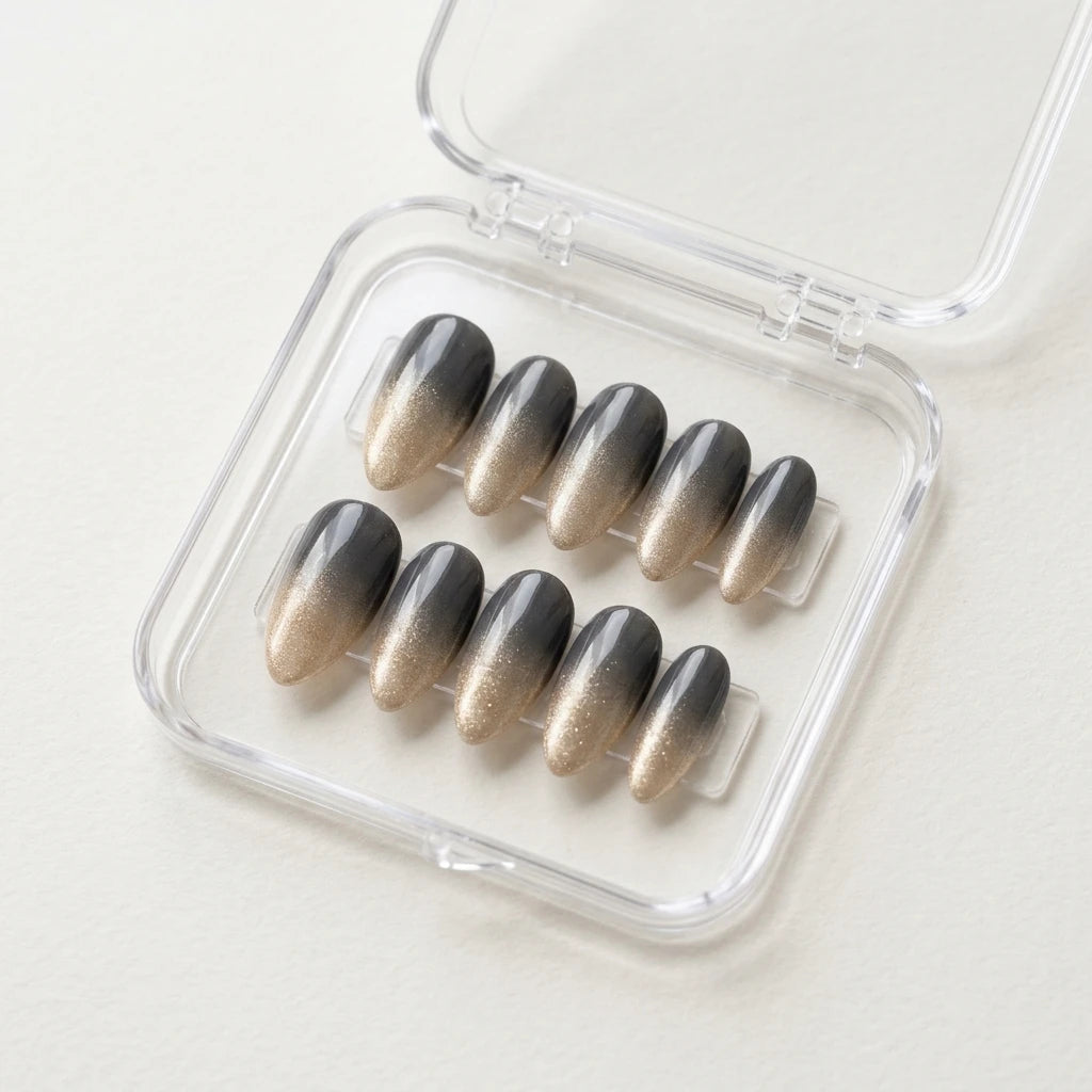 gray gold glitter ombre almond press on nails detail 01