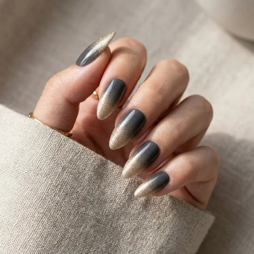 gray gold glitter ombre almond press on nails lifestyle 01