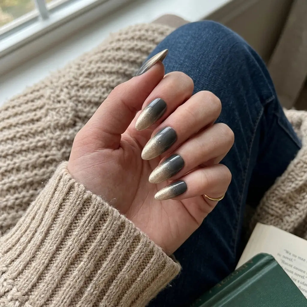 gray gold glitter ombre almond press on nails mockup 02