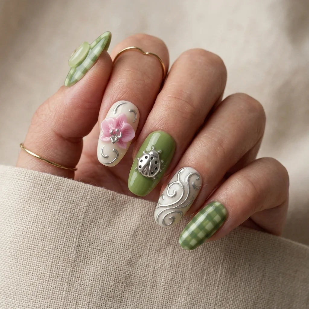 green 3d almond medium press on nails gingham apple detail 01