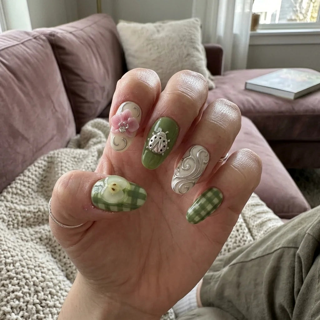 green 3d almond medium press on nails gingham apple flat lay 01