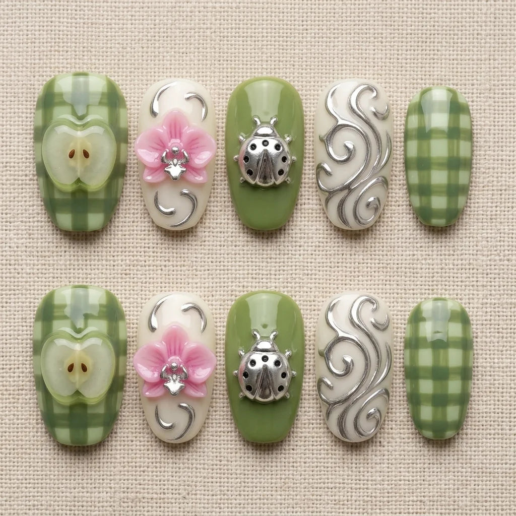 green 3d almond medium press on nails gingham apple mockup 01