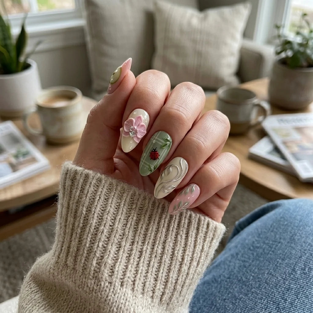 green 3d almond medium press on nails orchid ladybug detail 01