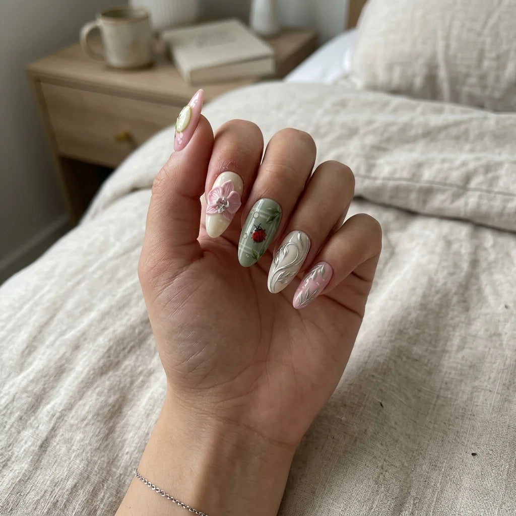green 3d almond medium press on nails orchid ladybug flat lay 01