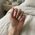 green 3d almond medium press on nails orchid ladybug flat lay 01