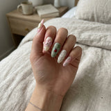 green 3d almond medium press on nails orchid ladybug flat lay 01