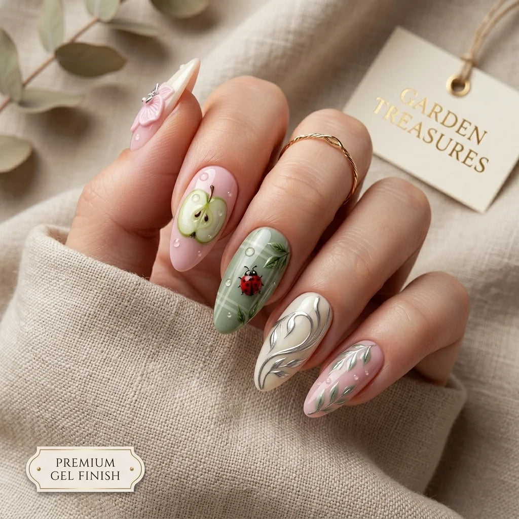green 3d almond medium press on nails orchid ladybug mockup 01