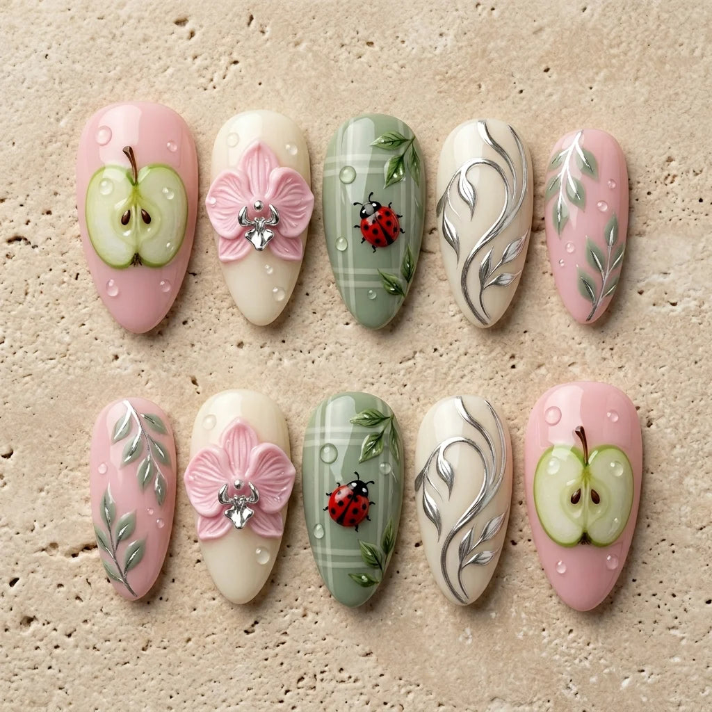 green 3d almond medium press on nails orchid ladybug mockup 02