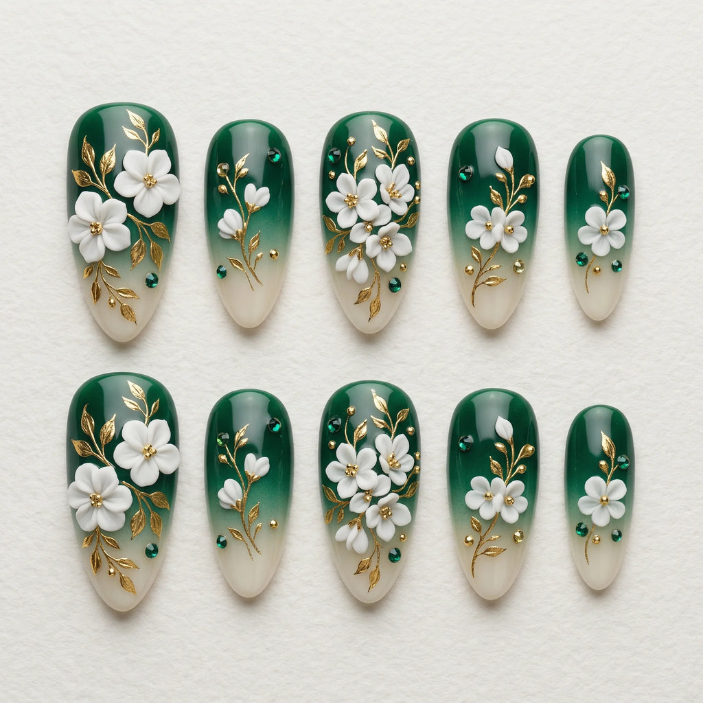 green 3d floral almond medium press on nails emerald rhinestone mockup 01