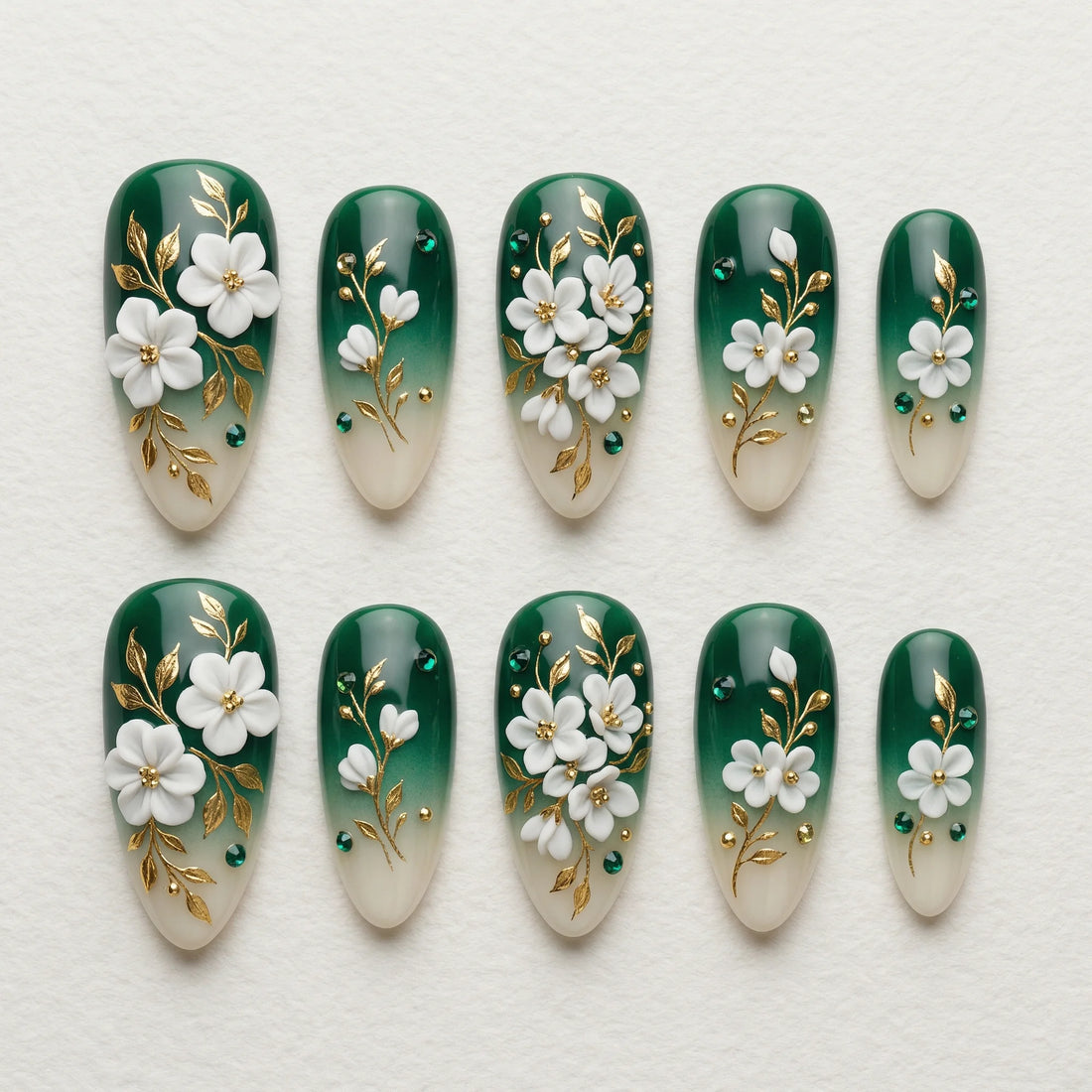 green white 3d floral rhinestone almond medium press on nails mockup 02