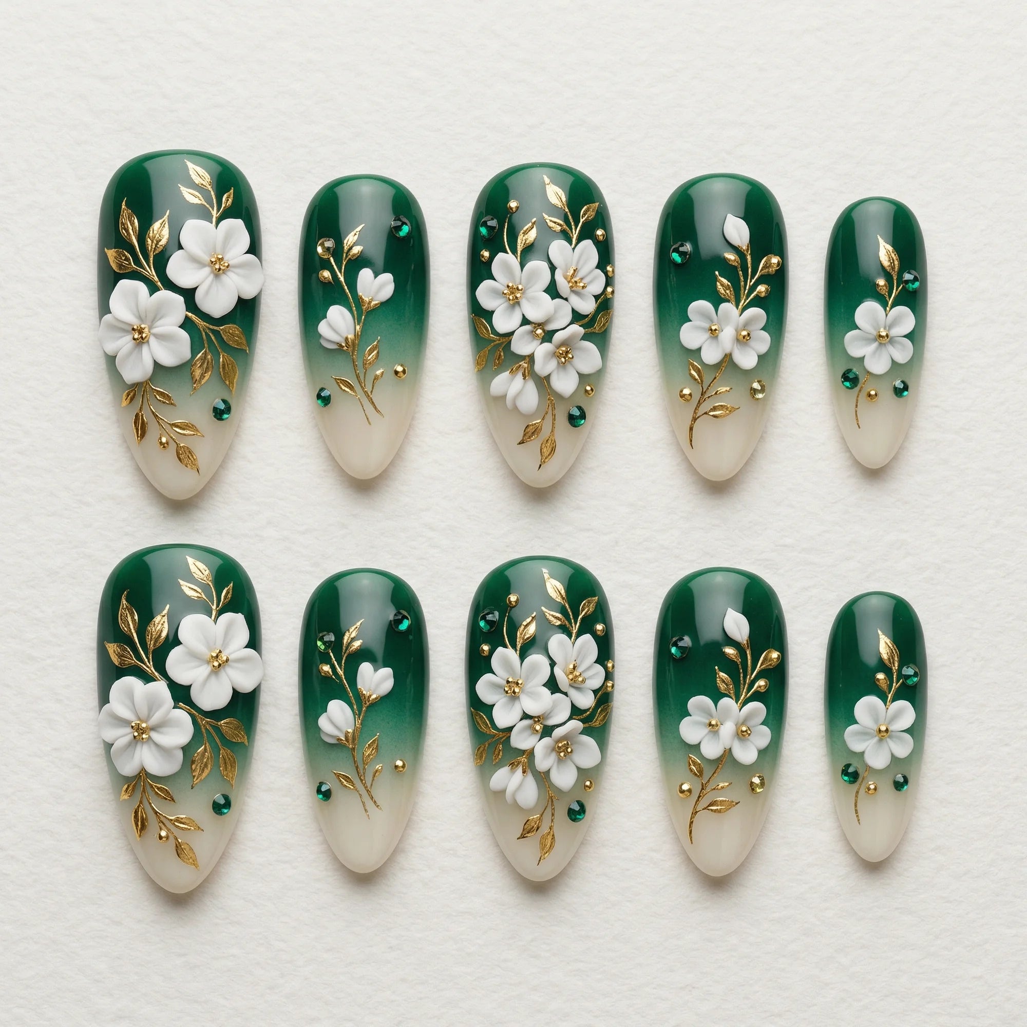 green 3d floral almond medium press on nails emerald rhinestone mockup 01