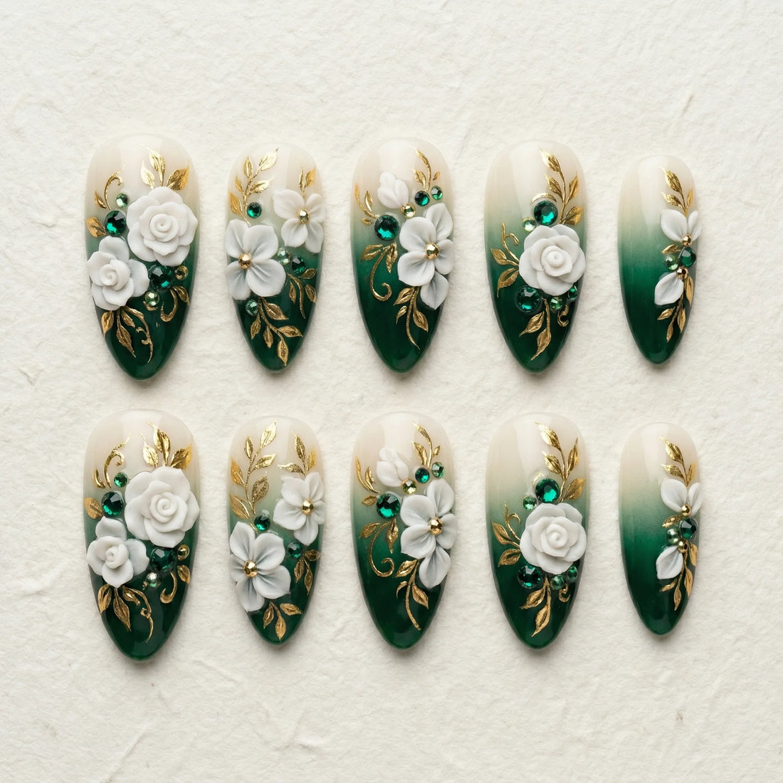 green white 3d rose floral almond medium press on nails mockup 02