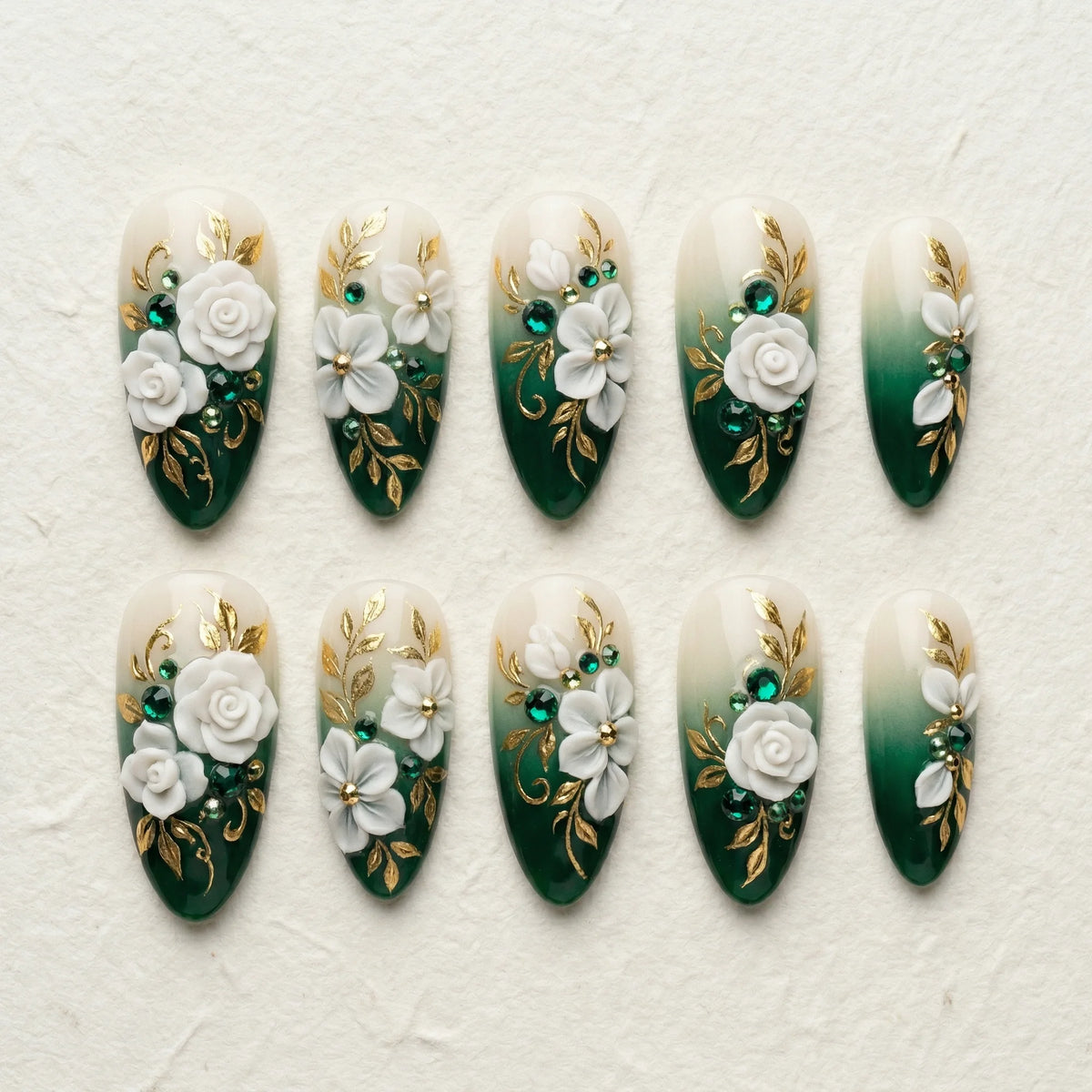 green 3d rose almond medium press on nails white floral mockup 01