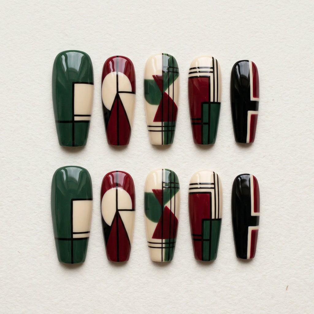 green abstract coffin long press on nails geometric mockup 01