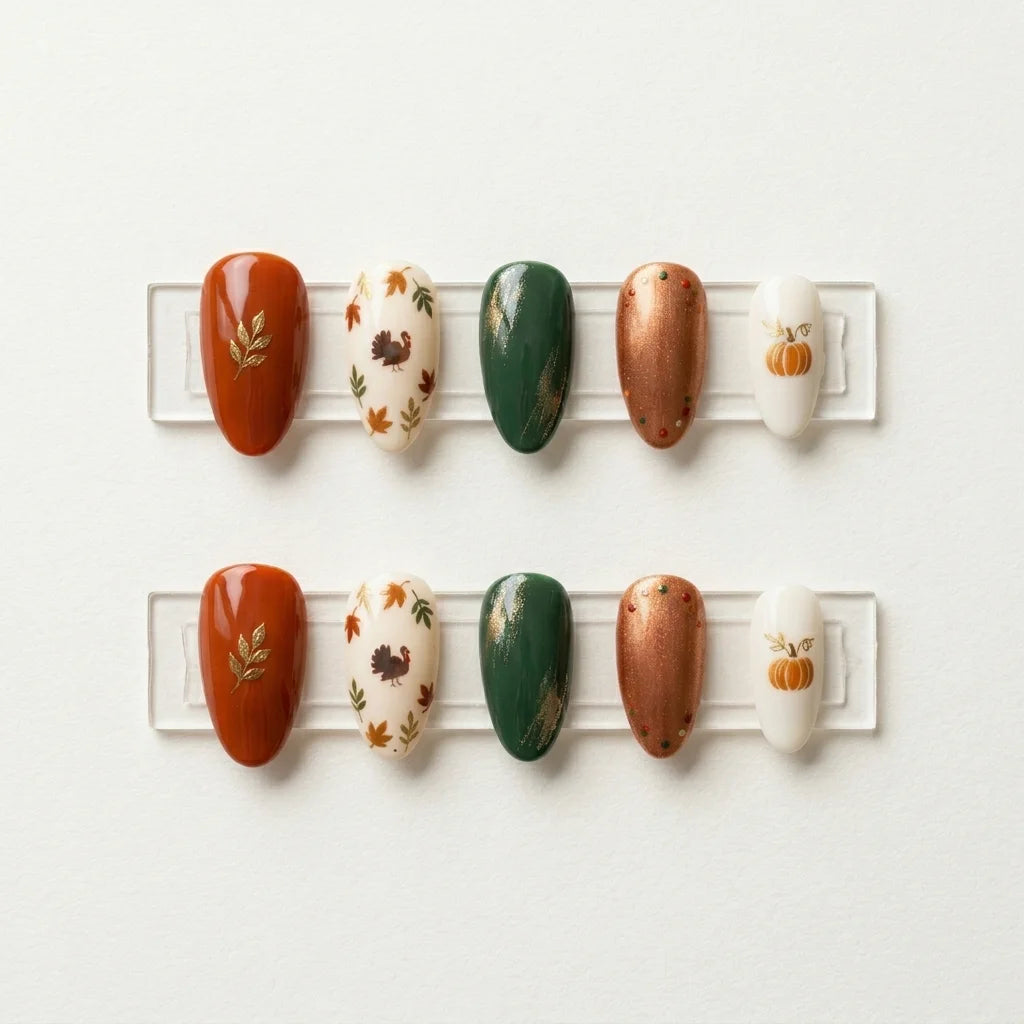 green bronze ivory hand painted thanksgiving almond press on nails pumpkin leaf flat lay 04
