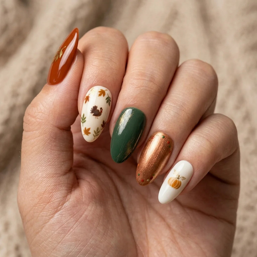 green bronze ivory hand painted thanksgiving almond press on nails pumpkin leaf lifestyle 02
