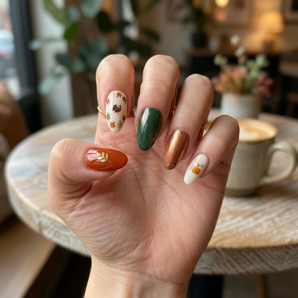 green bronze ivory hand painted thanksgiving almond press on nails pumpkin leaf lifestyle 03