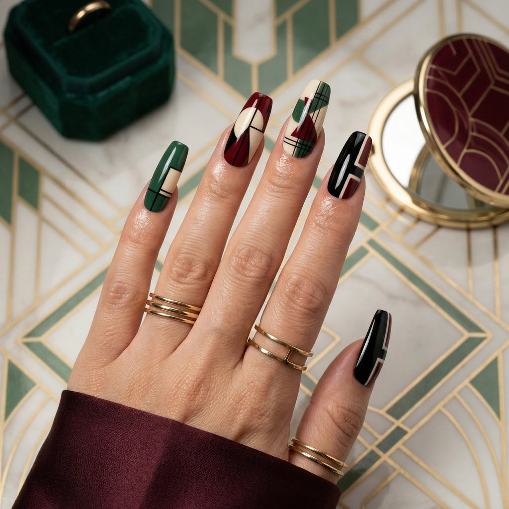 green burgundy abstract geometric coffin long press on nails mockup 02