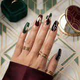 green burgundy abstract geometric coffin long press on nails mockup 02