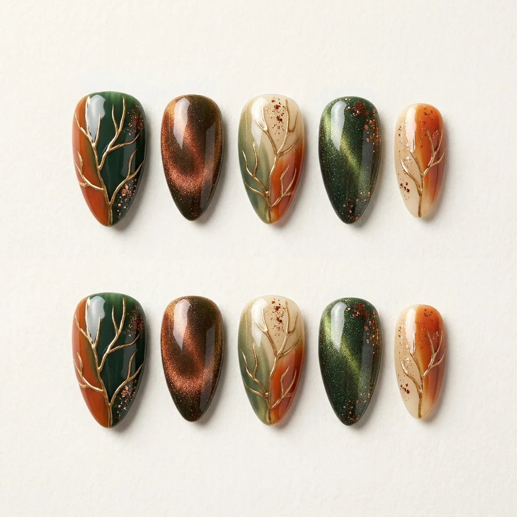 green copper 3d cat eye almond press on nails leaf branch gold line flat lay 01