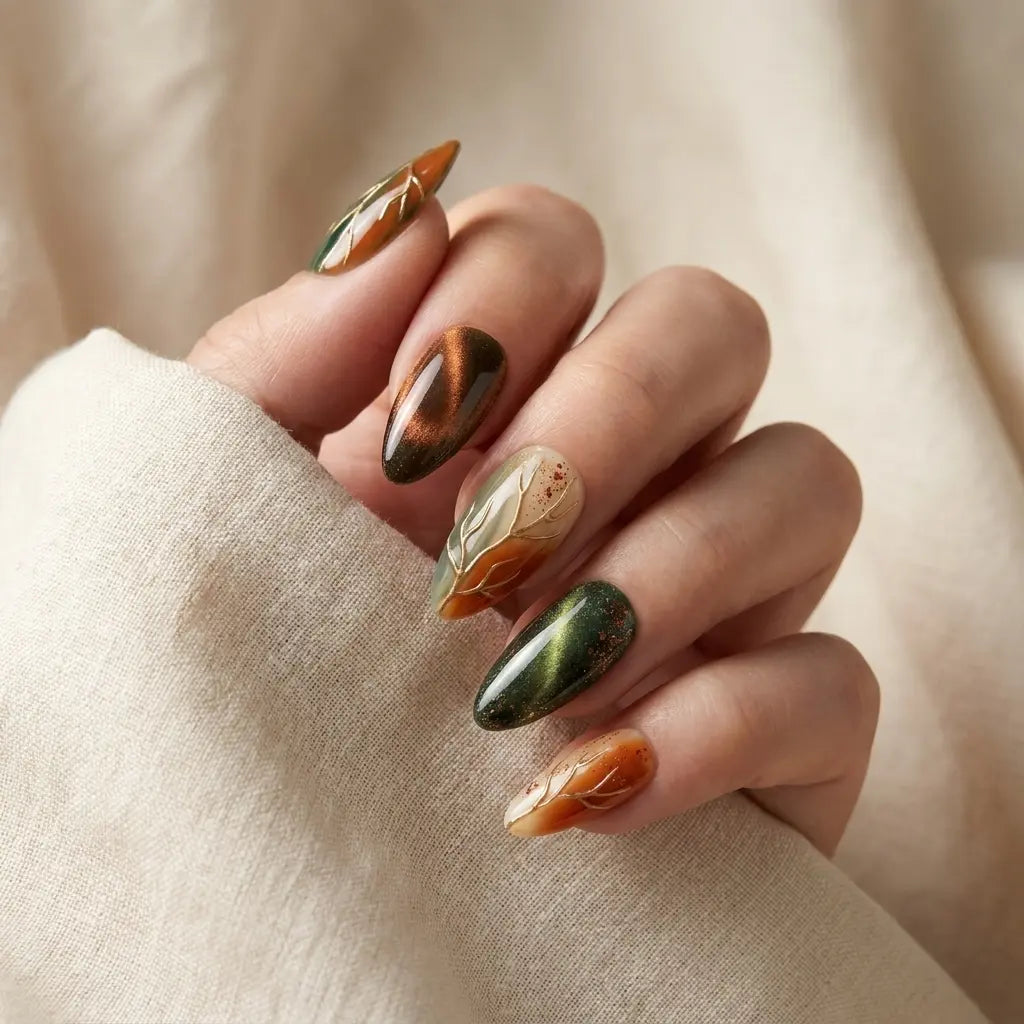 green copper 3d cat eye almond press on nails leaf branch gold line lifestyle 01