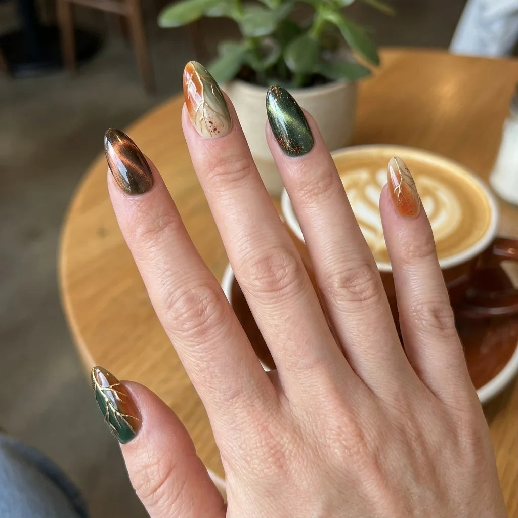 green copper 3d cat eye almond press on nails leaf branch gold line lifestyle 02