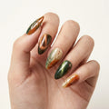 green copper 3d cat eye almond press on nails leaf branch gold line mockup 01
