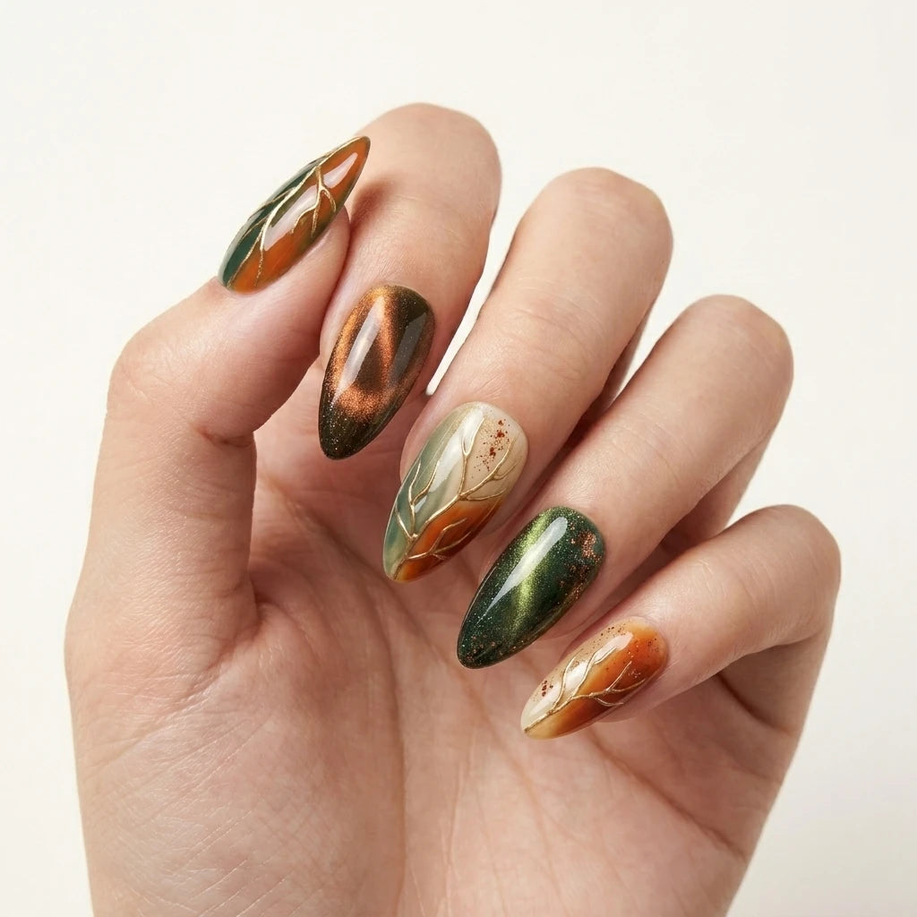 green copper 3d cat eye almond press on nails leaf branch gold line mockup 01
