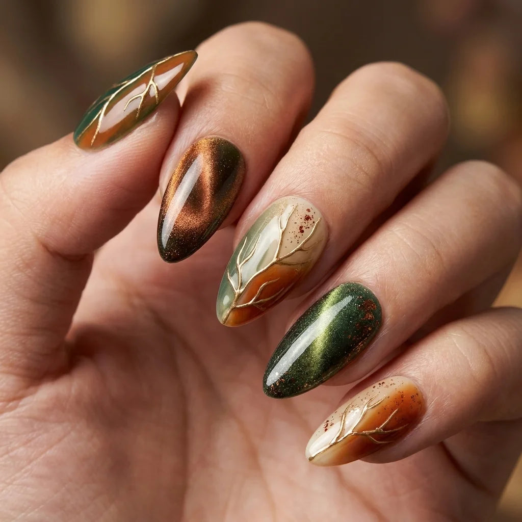 green copper 3d cat eye almond press on nails leaf branch gold line mockup 02