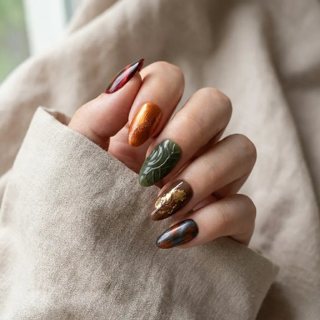 green copper 3d cat eye almond press on nails leaf gold foil lifestyle 01