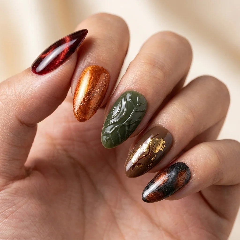 green copper 3d cat eye almond press on nails leaf gold foil mockup 01
