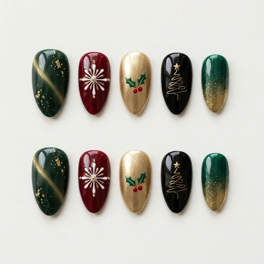green gold 3d cat eye almond press on nails christmas tree snowflake holly flat lay 01