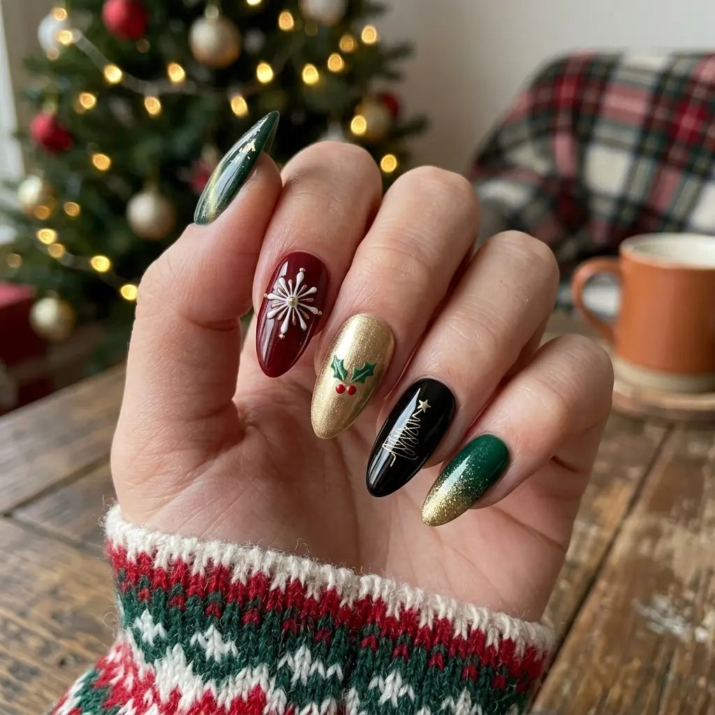 green gold 3d cat eye almond press on nails christmas tree snowflake holly lifestyle 01