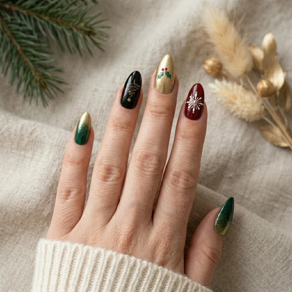 green gold 3d cat eye almond press on nails christmas tree snowflake holly lifestyle 02
