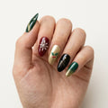 green gold 3d cat eye almond press on nails christmas tree snowflake holly mockup 01