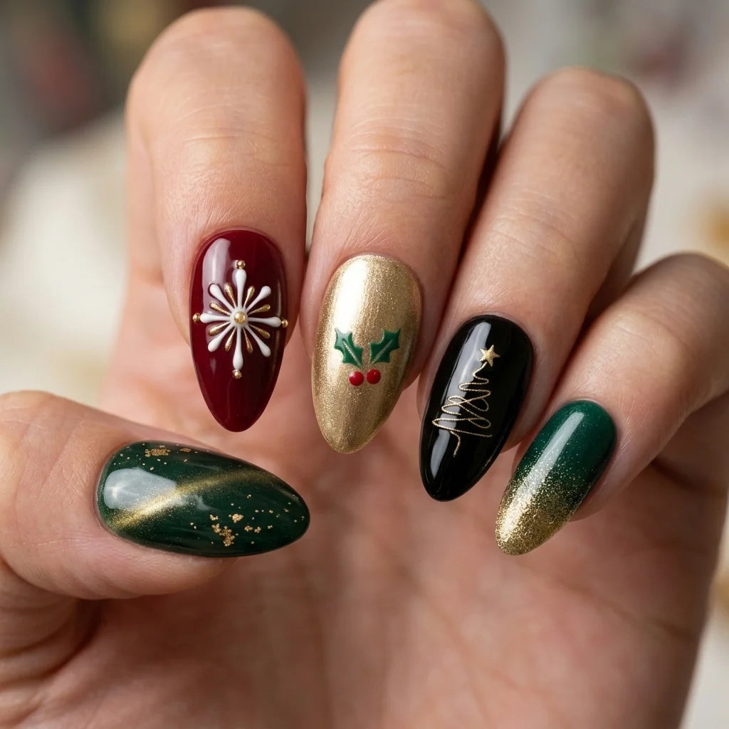green gold 3d cat eye almond press on nails christmas tree snowflake holly mockup 02