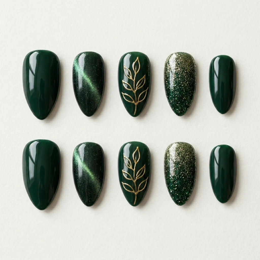 green gold 3d cat eye almond press on nails leaf branch glitter flat lay 01