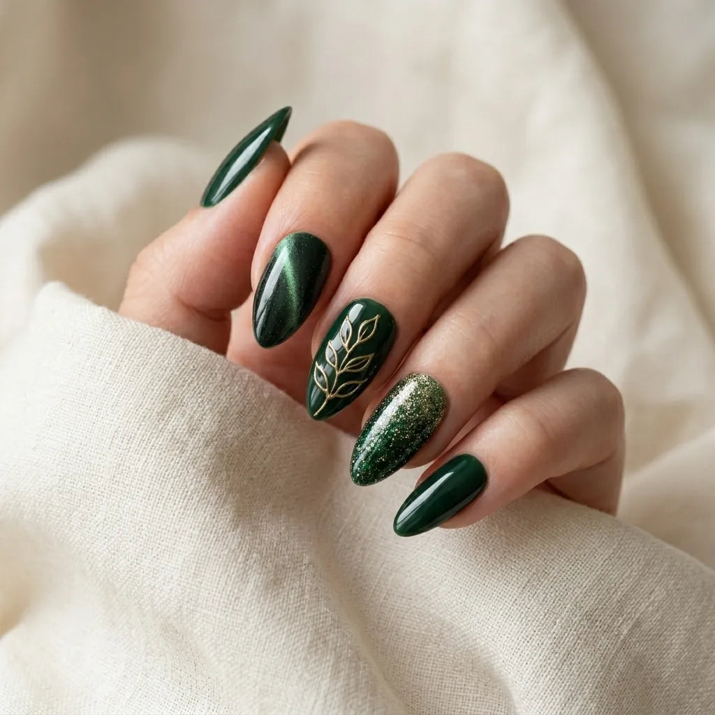 green gold 3d cat eye almond press on nails leaf branch glitter lifestyle 01