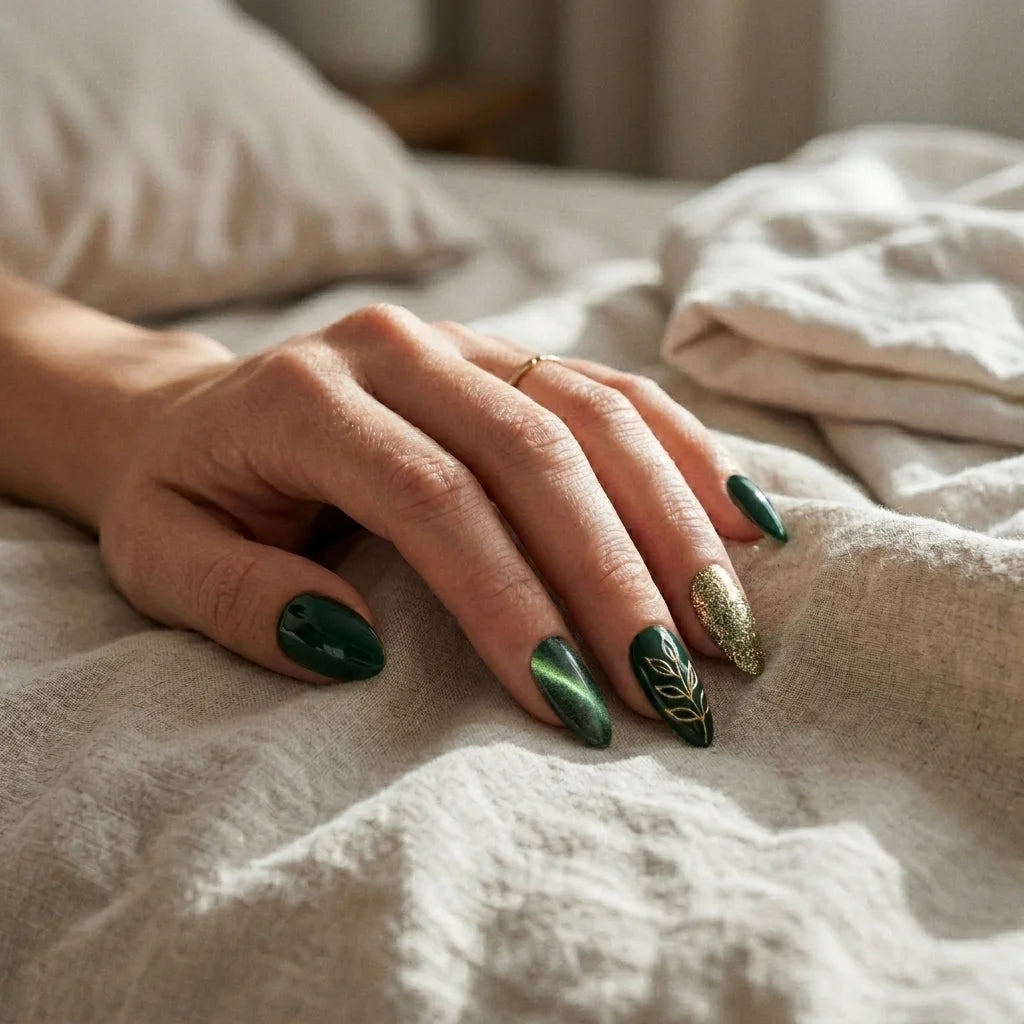 green gold 3d cat eye almond press on nails leaf branch glitter lifestyle 02