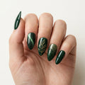 green gold 3d cat eye almond press on nails leaf branch glitter mockup 01