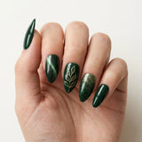 green gold 3d cat eye almond press on nails leaf branch glitter mockup 01